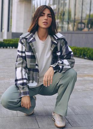 Теплая рубашка в клетку из турецкого флиса оливка l-xl