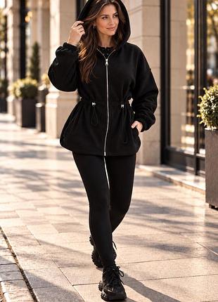 Жіноча тепла флісова кофта oversize подовжена з капюшоном та куліскою s/m l/xl