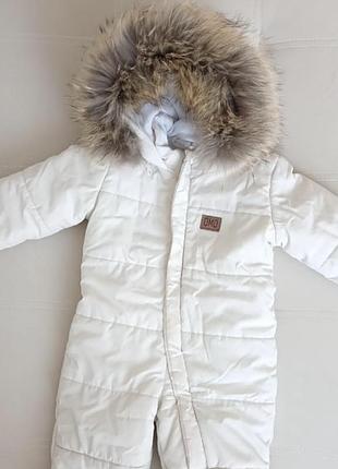 Зимовий комбінезон для дітей, молочний, з хутром єнота, розмір 86-92