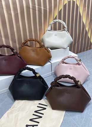 Сумка жіноча ganni bou bag з плетеною ручкою, чорна, коричнева, молочна, бордова, рожева