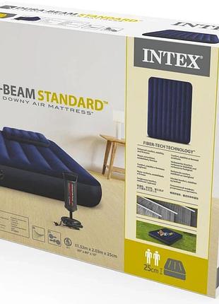 Матрац надувний велюр intex 64765 з подушками та насосом клапан 2 в 1 152х203х25 см синій