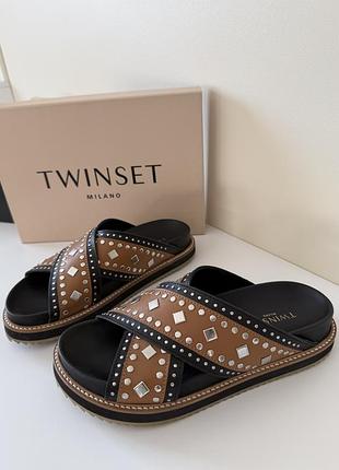 Шльопанці жіночі twinset milano коричневі, чорні, довжина устілки 24,3 см, шкіра