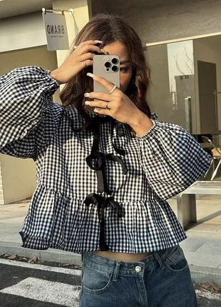 Блуза в клітинку із зав’язками shein s 🛍️1+1=3🛍️