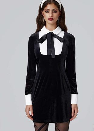 Бархатное мини-платье  от бренда cider(модель velvet polo mini dress в стиле персонажа уэнздей аддамс).