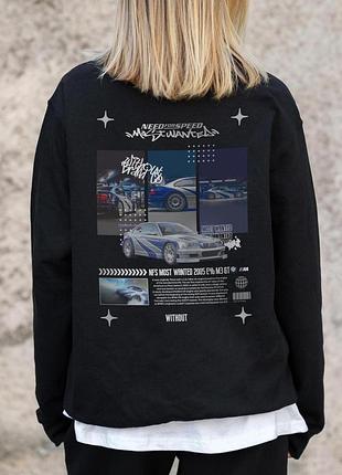 Жіночий утеплений оверсайз світшот на флісі з принтом without wanted black xxl
