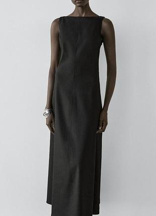 Льняна сукня миді massimo dutti з драпіруванням та розрізом / чорна сукня льон