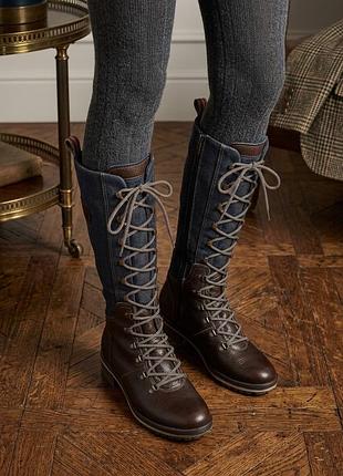 Сапоги от бренда tommy hilfiger (модель с комбинацией коричневой натуральной кожи внизу и клетчатым текстильным голенищем в шотландском стиле