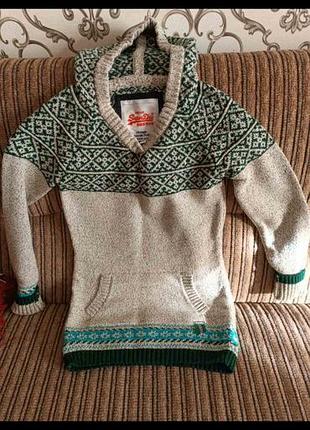 Світшот жіночий superdry з капюшоном, бежевий з зеленим візерунком