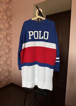Жіночий оверсайз світшот polo ralph lauren синій, червоний, білий з флісом xl