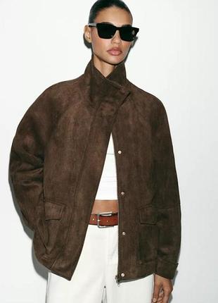 Куртка жіноча zara оверсайз зі штучного замшу коричнева