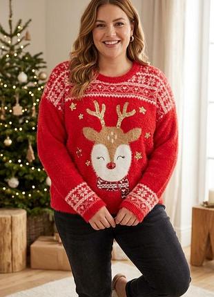 Новогодний красный свитер травка с оленем / рождественская кофта с пайетками батал 52-54