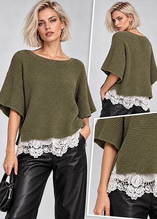 Джемпер zara 2 в 1 з мереживною майкою, оливкової хакі