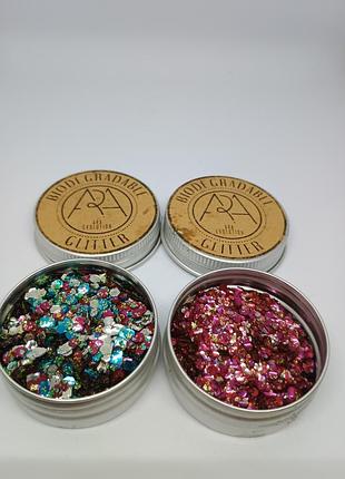 Глиттер ara evolution biodegradable glitter эко-блестки для маникюра, лица, тела, волос, разноцветный набор 2 баночки, биоразлагаемый