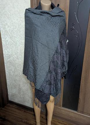 Женский двусторонний палантин pashmina 180×70 см, серо-графитовый, цветочный и леопардовый принт