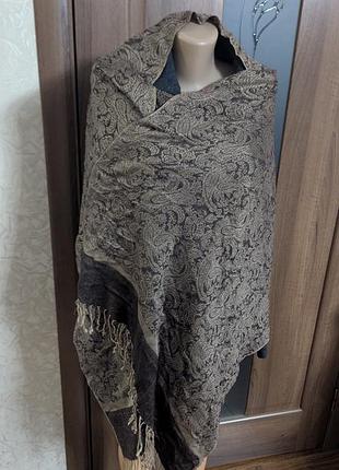 Женский двусторонний палантин pashmina 180×70 см, бежево-коричневый, орнамент пейсли, шаль с бахромой