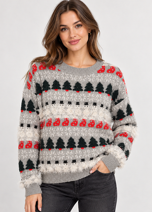 Женский новогодний свитер next winter knits с елками и пушистым декором, размер s (36)