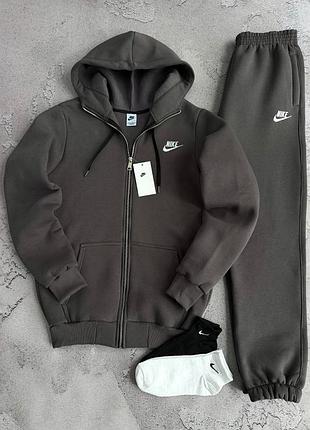 Теплый комплект nike на флисе для мужчин и женщин, костюм найк зип худи брюки, зимний костюм nike трехнитка