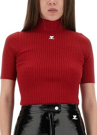 Свитер с короткими рукавами женский красный courreges paris в рубчик с высоким воротником
