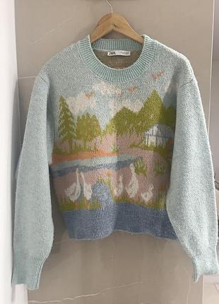 Жіночий светр zara блакитного кольору з принтом s