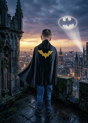 Карнавальный плащ накидка бэтмен с желтым логотипом летучая мышь размер хл