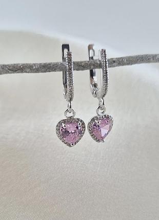 Серебряные серьги с подвеской сердце с розовым камнем серебро 925 пробы родированное 56349р 4,40г