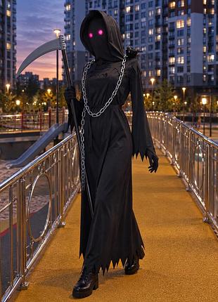 Костюм чуми / plague reaper — чорна роба з капюшоном, led-очі, коса, ланцюг, ворон, halloween