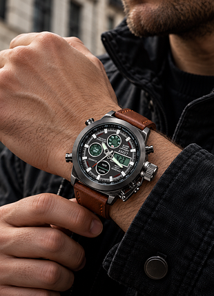 Годинник amst watch коричневий / годинник водостійкий зі сталевим корпусом / аналоговий наручний годинник