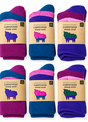 Набор из 6 пар ярких шерстяных носков "carpathian sheep wool" размер 37–41 разные цвета
