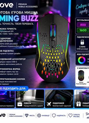 Бездротова ігрова мишка proove gaming buzz rgb 4800 dpi, 1000 гц, pixart 3212, 2.4 ггц/usb-c, акумуляторна, чорна