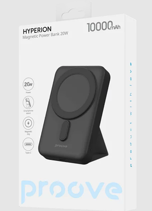 Магнитный повербанк proove hyperion 10000 ма·ч с подставкой для iphone, magsafe/qi 15w, быстрая зарядка 20w, type-c/lightning, чер
