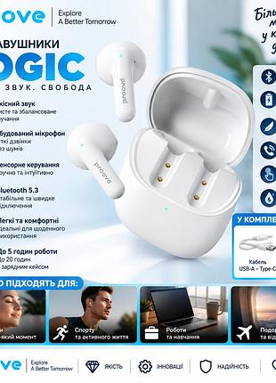 Бездротові навушники-вкладиші tws proove logic bluetooth 5.4 з enc і мікрофоном, 13 мм, game mode, app, ipx4, білі