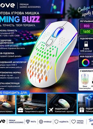 Бездротова ігрова мишка proove gaming buzz 4800 dpi з rgb, pixart 3212, 1000 гц, акумуляторна 2.4 ггц/usb-c, біла