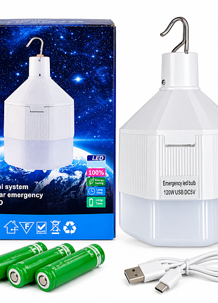 Акумуляторна світлодіодна led-лампа usb з 3 акумуляторами і гачком для підвішування 120 вт білий
