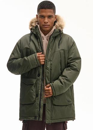 Куртка мужская парка cropp удлиненная оливковая хаки зимняя зеленая с капюшоном и мехом осень зима новая пальто на зиму, размер m,l,xl