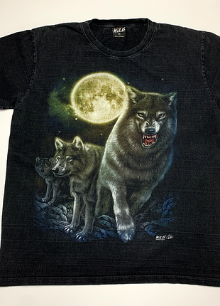 Вінтажна футболка wild зграя сірих вовків місяць wolf розмір xl 100% бавовна чорна