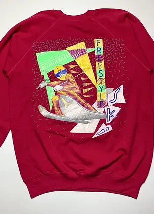 Hanes Винтажный свитшот 80-х made in Ausa лыжи freestyle ski l малиновый реглан