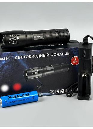 Фонарь аккумуляторный светодиодный с зарядным устройством 1*18650 zoom черный bl-1831-3 красный белый свет