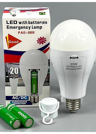 Светодиодная лампа 20w аккумуляторная белая для кемпинга fat-3920 с патроном на 2 аккумулятора 18650
