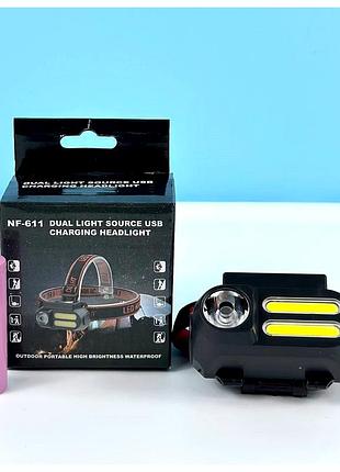 Ліхтар налобний з акумулятором 18650 і usb зарядкою 2 cob білий bl-6111 чорний