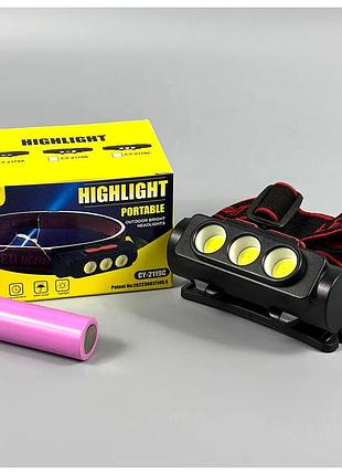 Фонарь налобный 3cob 1 аккумулятор 18650 usb type-c белый красный bl-2119c черный