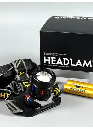 Ліхтар налобний світлодіодний з акумулятором 2*18650 заряджання type-c колір білий червоний zoom bl-t701b-tg