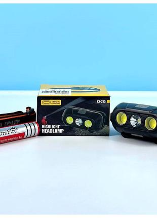 Фонарь налобный led 2cob аккумулятор 18650 type-c белый пластик kx-215 с аккумулятором
