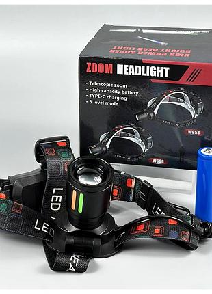 Налобный фонарь 2*18650 usb type-c 20 см алюминий пластик белый светодиод zoom w668-tg