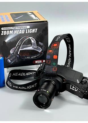 Ліхтар налобний led 2 акумулятори 18650 zoom type-c білий w528 чорний