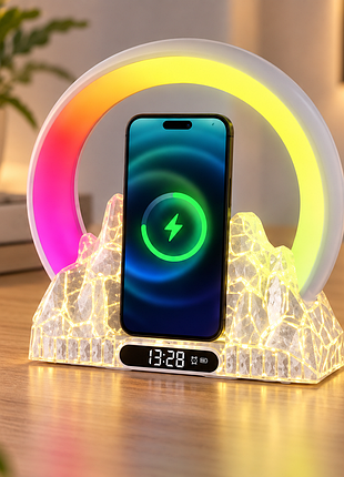 Багатофункціональний світильник з бездротовою зарядкою 15w / bluetooth-колонка + будильник та rgb-підсвічування