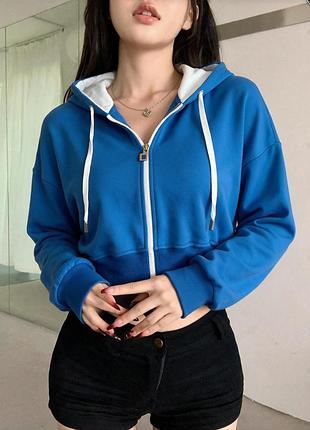 Зіп-худі жіноче синє оверсайз 💙 кроп-зипер з капюшоном ⚡ melissa 🌟 oversize 💫 m-l ⚡ укорочена кофта на блискавці💙 жіноча спортивна кофта