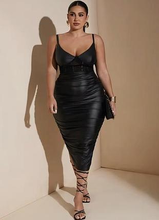 Черное миди платье под кожу с драпировкой shein #4874