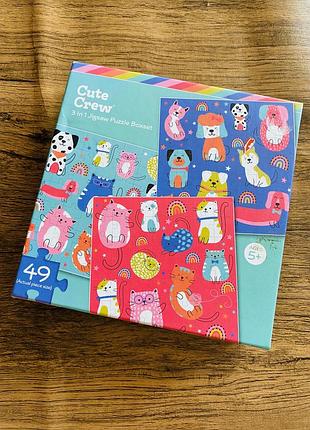 Набір пазлів cute crew 3 in 1 jigsaw puzzle boxset комплект «3 в 1» із зображеннями милих песиків і котиків, призначений для дітей віком від 5 років.