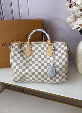 Сумка жіноча louis vuitton speedy bandouliere damier azur біла в клітинку