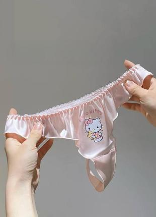 Трусики стринги нежно-розового цвета hello kitty, женские пудровые трусики стринги хеллоу котти с рюшами